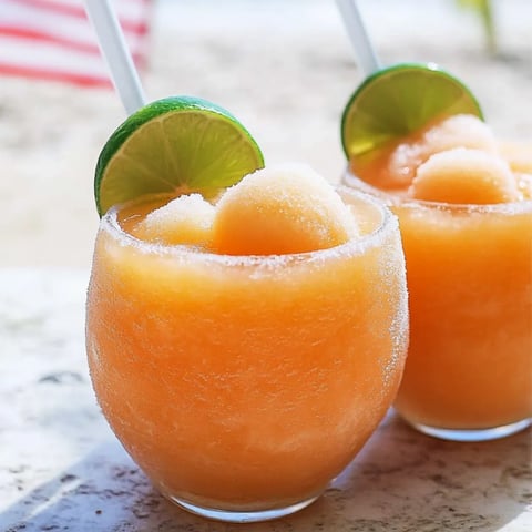 Zwei Gläser mit rosa Slush, oben Limettenscheiben.