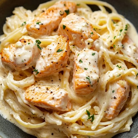 Schüssel Pasta mit Lachs und Parmesan.