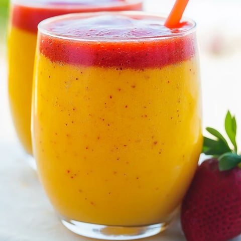 Ein Glas Orangensaft mit einer Erdbeere am Rand.