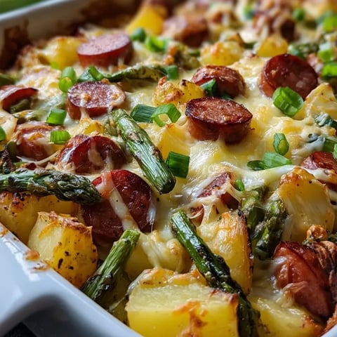 Ein Auflauf mit Wurst, Kartoffeln und Spargel.