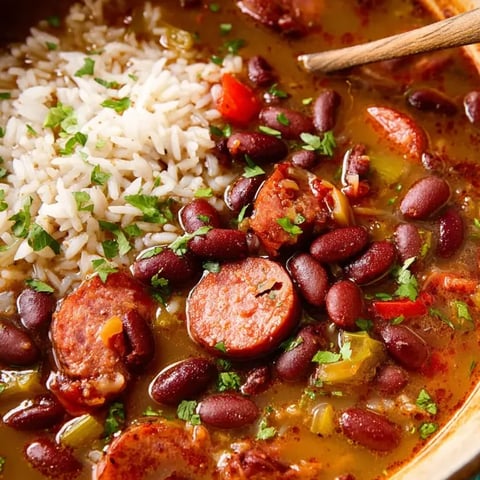 Eine Schüssel Suppe mit Reis und Bohnen.