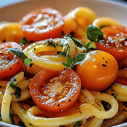 Schale mit Pasta, Tomaten und Basilikum.