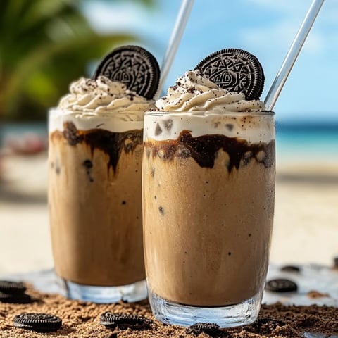 Zwei Gläser Milchshake mit Keksen daneben.