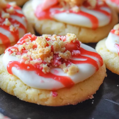Keks mit weißem Zuckerguss und rotem Erdbeer-Topping.