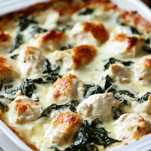Ein Auflauf mit Hähnchen und Spinat.