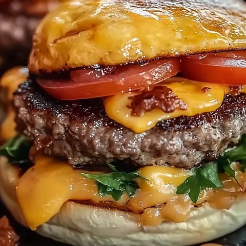 Ein Burger mit geschmolzenem Käse und Tomate.