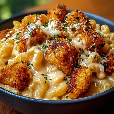 Ein Teller mit cremigen Makkaroni und Hähnchen.