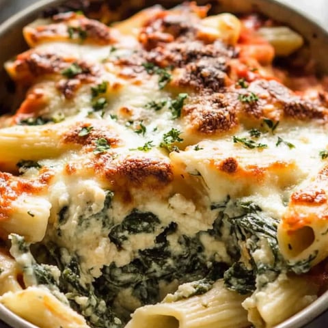 Eine Schale Pasta mit geschmolzenem Käse und Spinat.