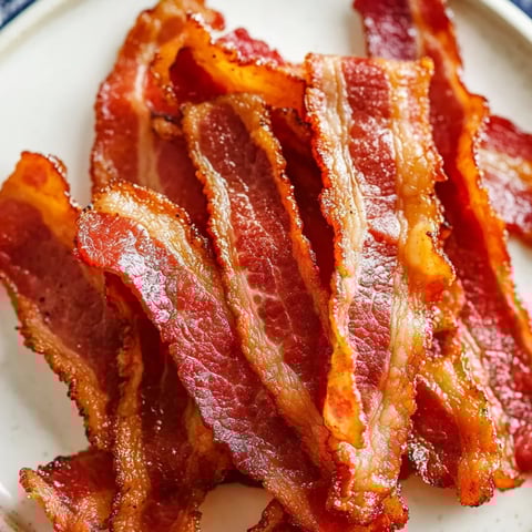 Bacon auf einem weißen Teller.