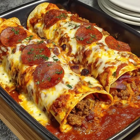 Eine Auflaufform mit Peperoni und geschmolzenem Käse.