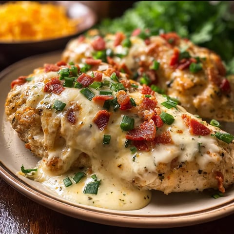 Ein Teller mit Hähnchen, Käse und Bacon.