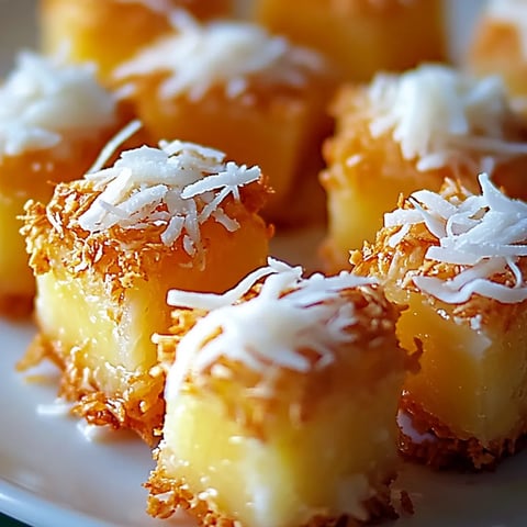 Ein Teller mit Ananashappen, umhüllt von Kokos.