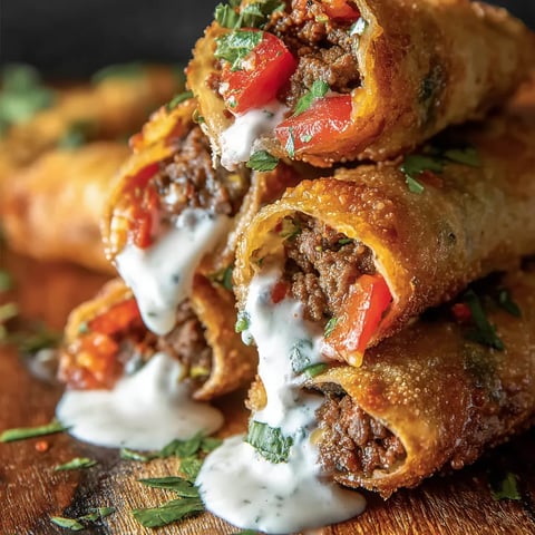 Ein Stapel Burritos mit weißer Sauce auf einem Tisch.