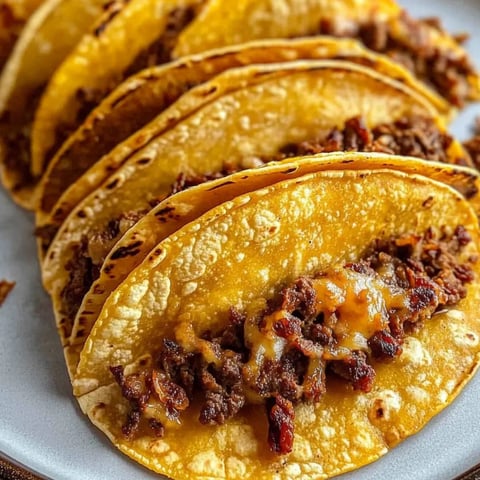 Ein Teller voller Tacos mit Fleisch und Käse.