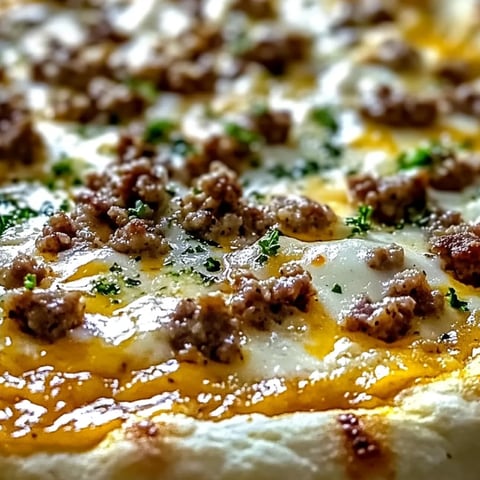 Nahaufnahme einer Pizza mit Fleisch und Käse.