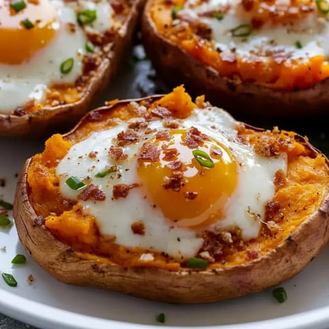 Zwei Stück Süßkartoffel mit Ei obendrauf.