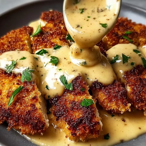 Ein Teller Huhn mit cremiger Soße.