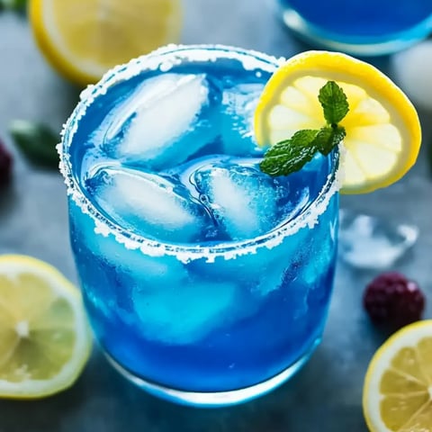 Ein Glas blaues Getränk mit Zitrone und Minze.