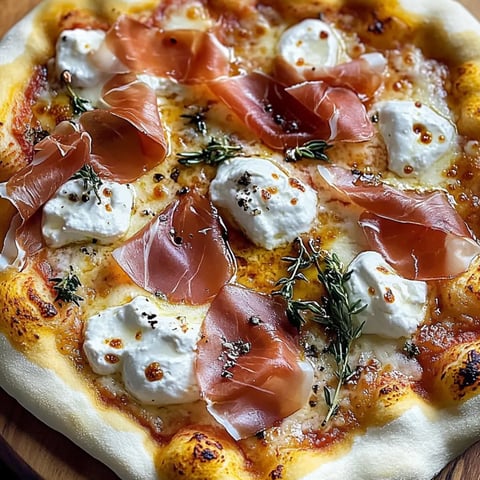 Pizza mit Prosciutto und Käse oben drauf.