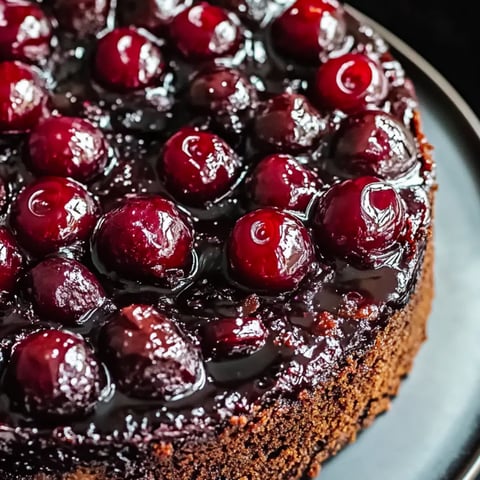 Ein Stück Schokokuchen mit Kirschen obendrauf.