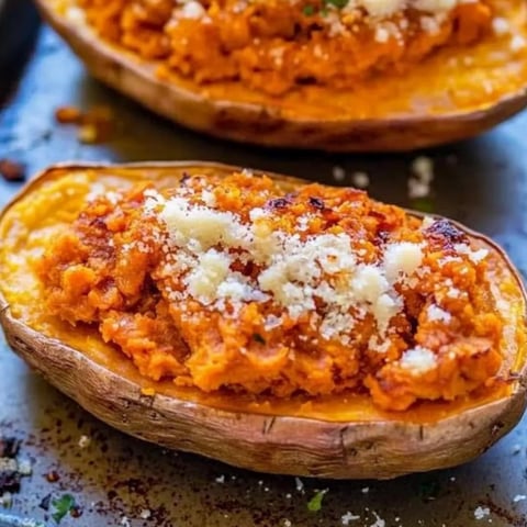 Zwei Scheiben gebackene Süßkartoffel mit geschmolzenem Käse oben drauf.