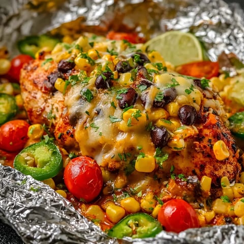 Ein in Folie verpacktes Gericht mit Huhn, Mais, Tomaten und Paprika.