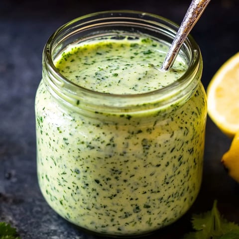 Ein Glas mit grüner Soße und einem Löffel.