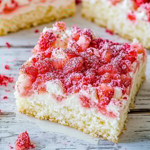 Ein Stück Kuchen mit Erdbeeren obendrauf.
