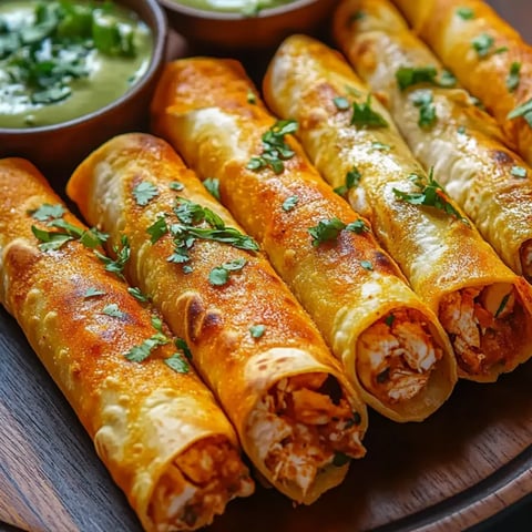 Ein Teller voll mit Taquitos und eine Schale Salsa dabei.