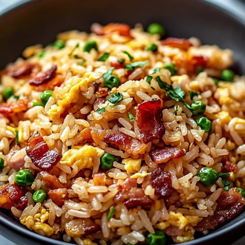 Eine Schüssel Reis mit Bacon und Erbsen.