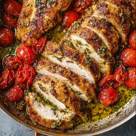 Pfanne mit Huhn, Tomate und Kräutern.