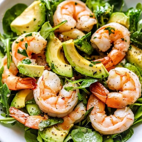 Eine Schüssel mit Garnelen und Avocado.