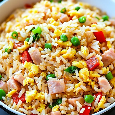 Eine Schale Reis mit Erbsen und Schinken