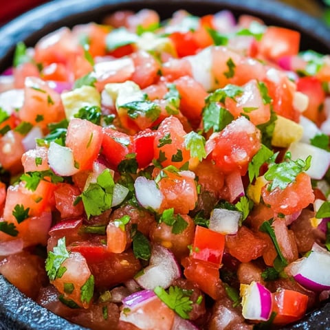 Eine Schüssel voll Salsa mit Tomaten, Zwiebeln und Koriander.