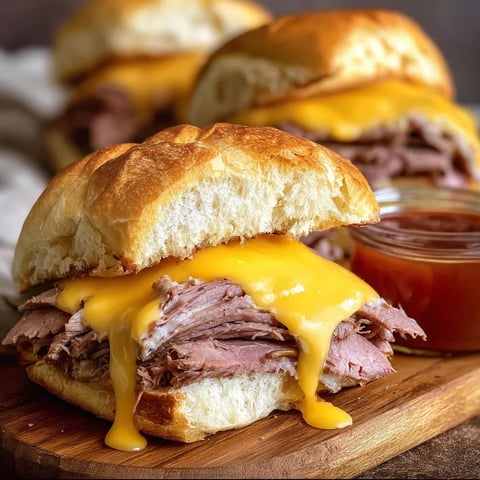 Ein Sandwich mit Käse und Rindfleisch auf einem Holzbrett.