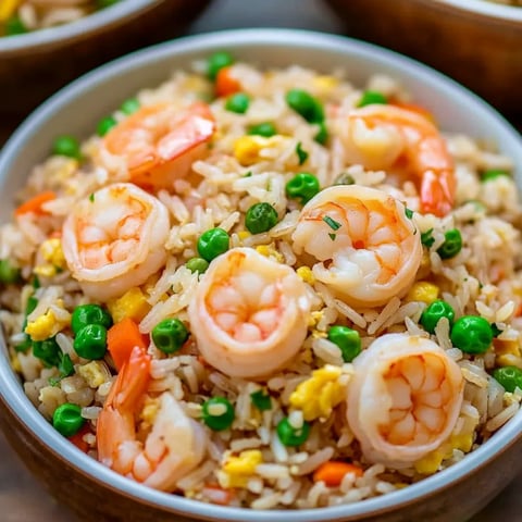 Schale mit Reis, Garnelen und Erbsen.