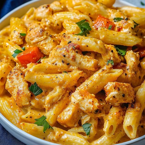 Eine Schüssel Pasta mit Hähnchen und Gemüse.