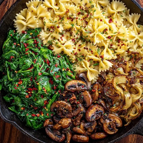 Eine Pfanne voll Pasta, Pilzen und Spinat.