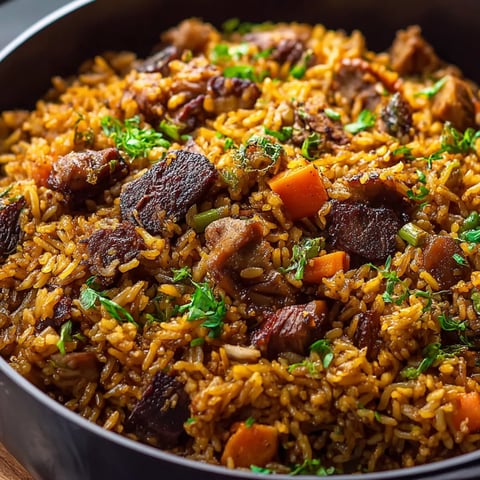 Eine Schale Reis mit Fleisch und Gemüse.