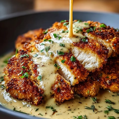 Ein Teller mit Hähnchen und cremiger Soße.