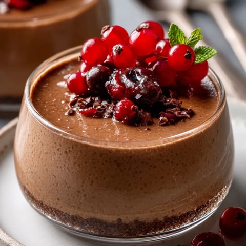 Ein schokoladiges Dessert mit Beeren oben drauf.