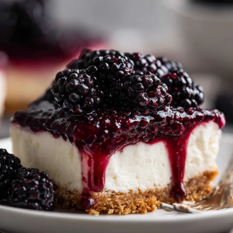 Ein Stück Cheesecake mit Brombeeren obendrauf.