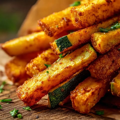 Ein Haufen gebratener Zucchini auf einem Holztisch.