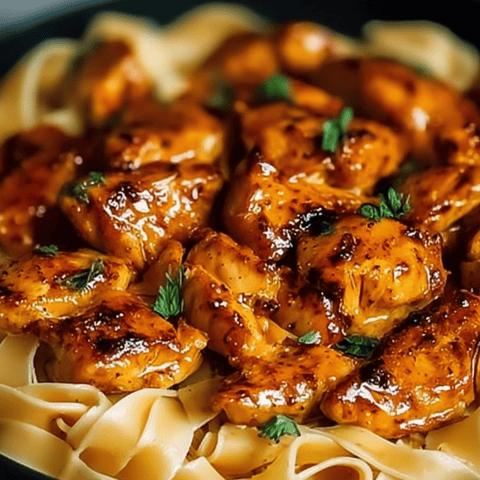 Hühnchen und Pasta zusammen auf einem Teller.