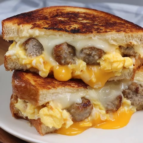 Ein knuspriger Käsetoast mit Wurst und Ei.