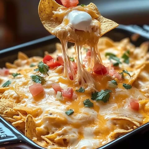 Eine Schale Nachos mit geschmolzenem Käse und Tomaten.