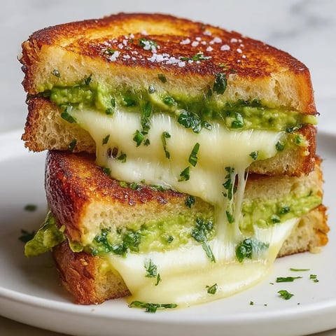 Ein Turm aus knusprigen Käsetoasts mit Avocado.