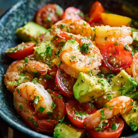 Eine Schale mit Garnelen und Tomaten.