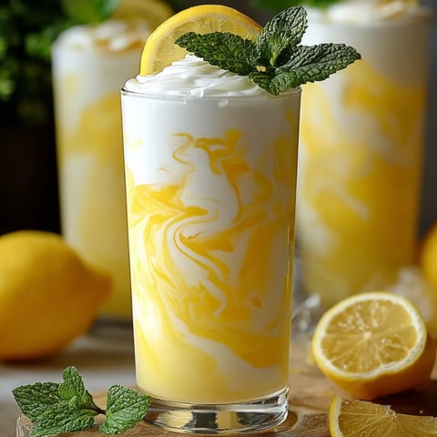 Ein Glas gelbe Zitronenmilch, garniert mit Zitronenscheibe.