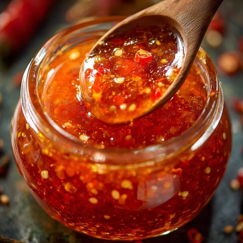 Ein Holzlöffel steckt in einem Glas mit roter Paprikasauce.